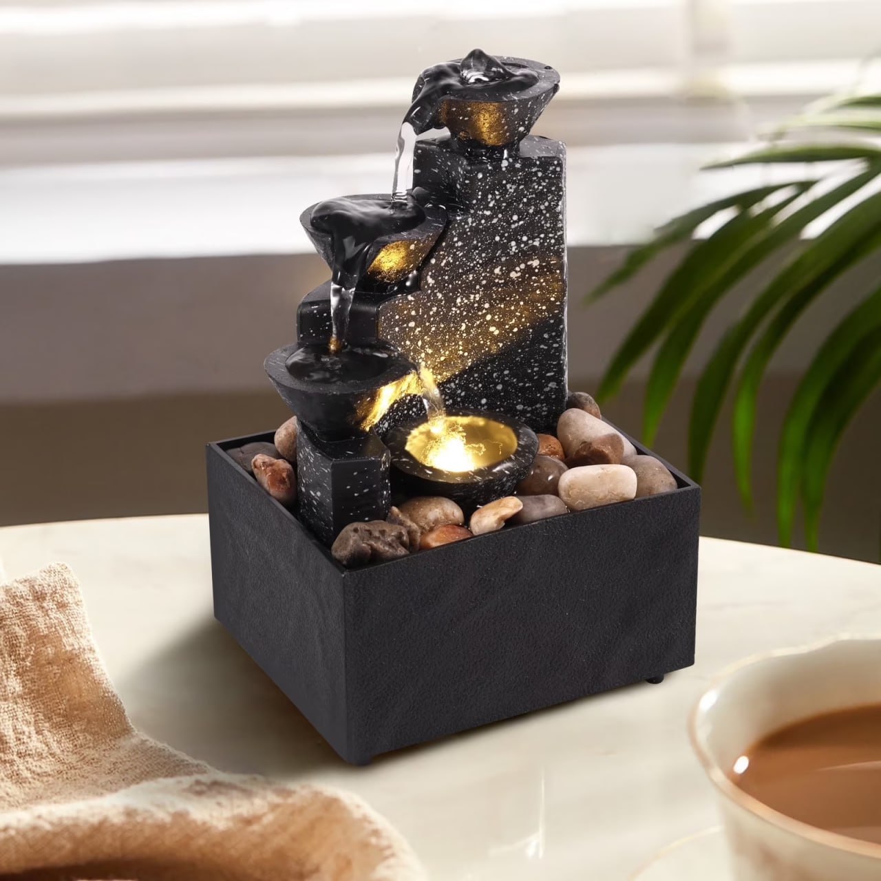 Tabletop Floating Teapot Waterfall Fountain - Indoor USB & Battery Powered Relaxation Ornament with LED Lights & Natural Pebbles