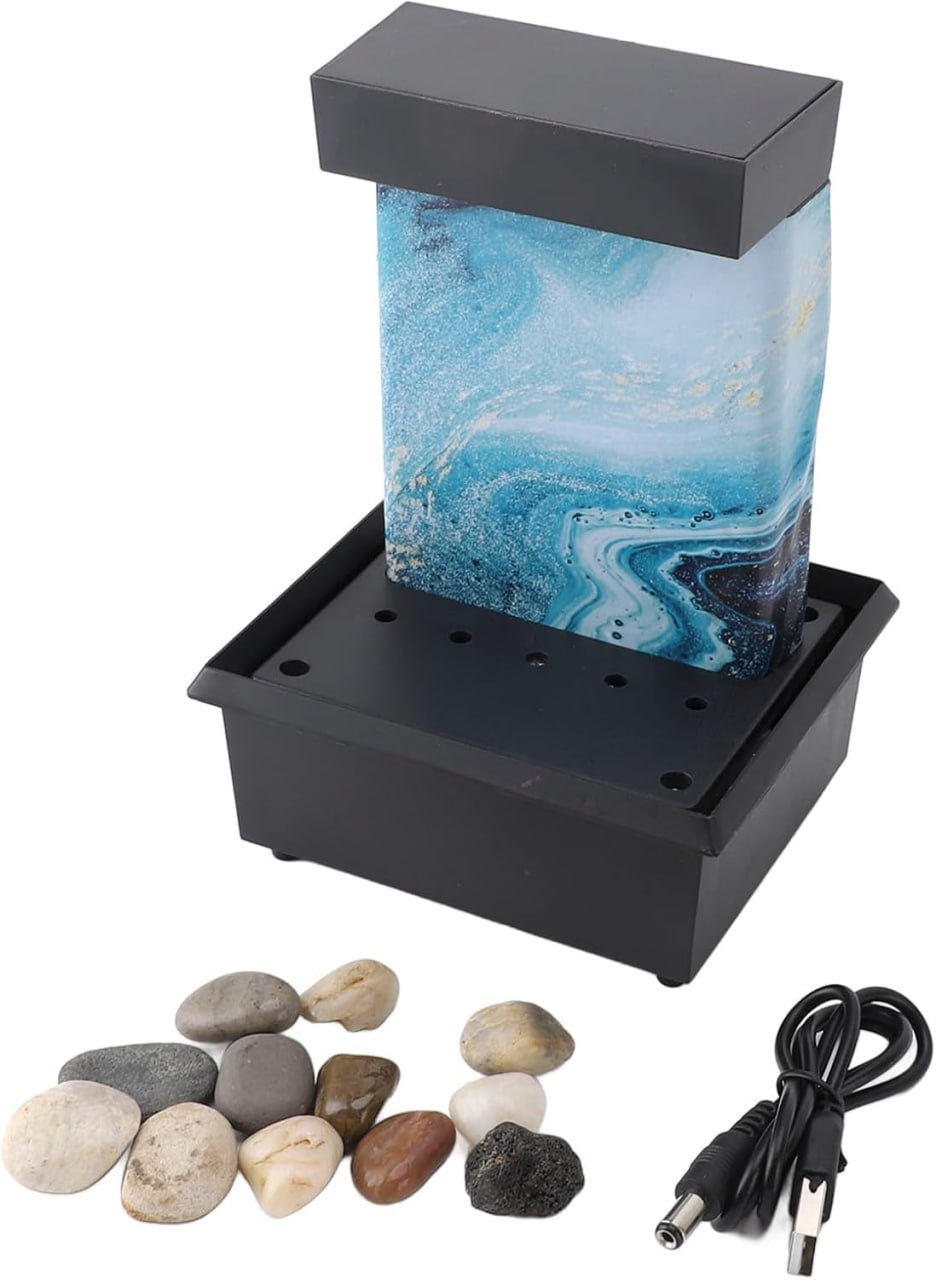 Tabletop Fountain, Small Indoor Waterfall Fountain with LED Lights & Irregular Stones, Circulating Flowing Water, USB Indoor Water Fountain
