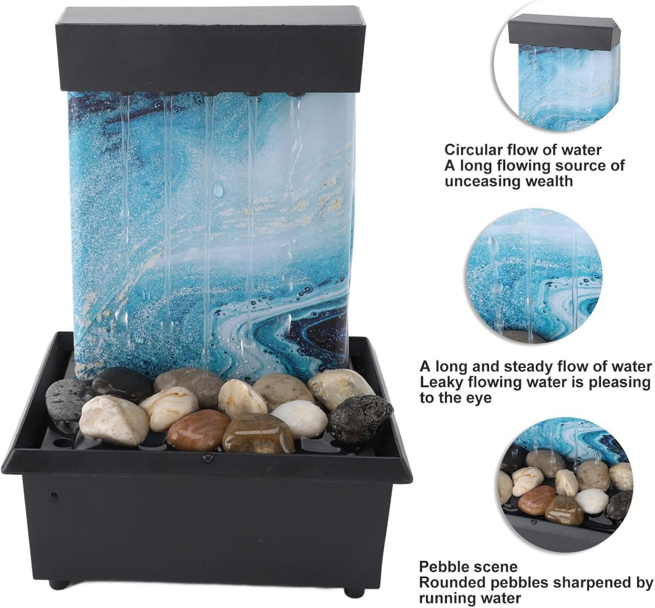 Tabletop Fountain, Small Indoor Waterfall Fountain with LED Lights & Irregular Stones, Circulating Flowing Water, USB Indoor Water Fountain