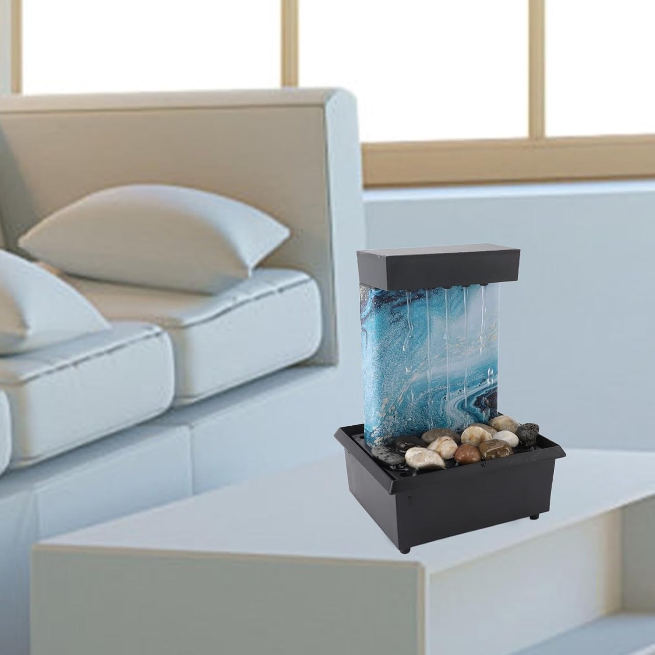 Tabletop Fountain, Small Indoor Waterfall Fountain with LED Lights & Irregular Stones, Circulating Flowing Water, USB Indoor Water Fountain