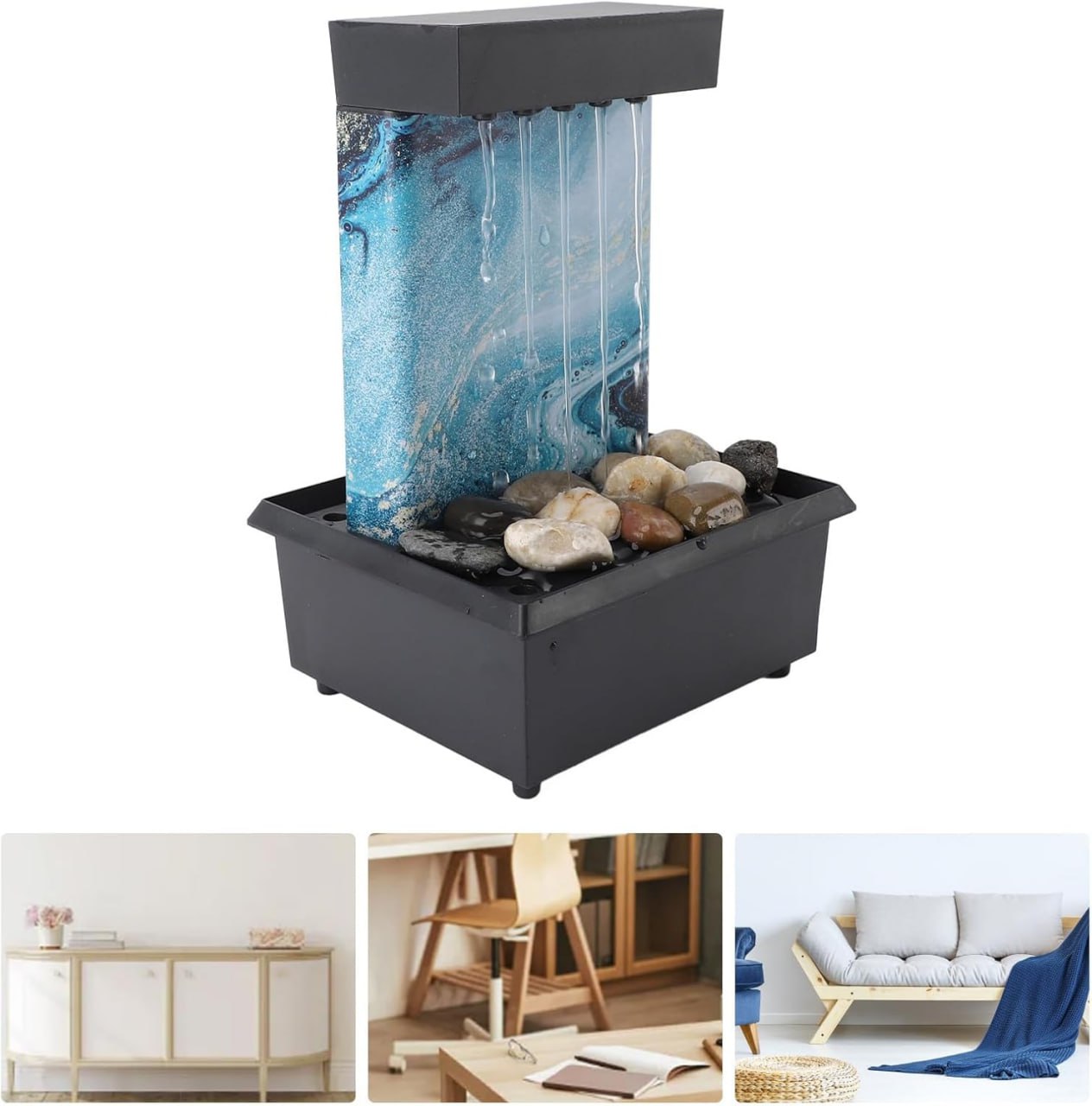 Tabletop Fountain, Small Indoor Waterfall Fountain with LED Lights & Irregular Stones, Circulating Flowing Water, USB Indoor Water Fountain