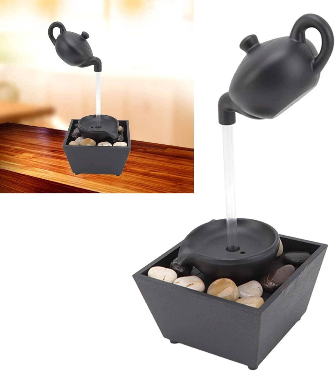 Floating Teapot Water Fountain Ornament Decoration with LED Lights & Stones for Indoor Table Top Decor