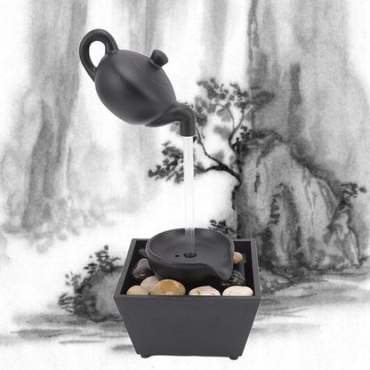 Floating Teapot Water Fountain Ornament Decoration with LED Lights & Stones for Indoor Table Top Decor