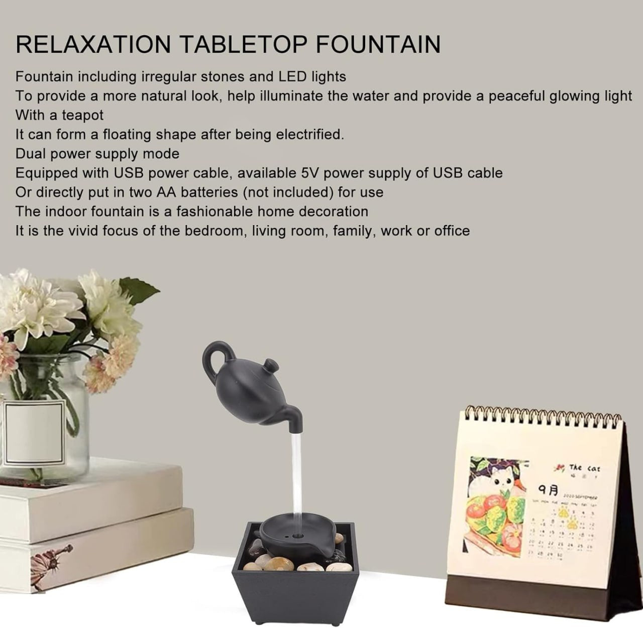 Floating Teapot Water Fountain Ornament Decoration with LED Lights & Stones for Indoor Table Top Decor