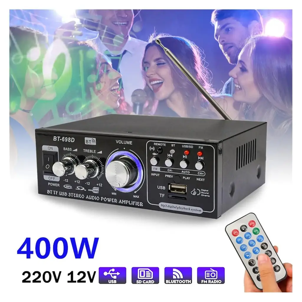 High Power Hi-Fi amplifier mini stereo audio amplifier hifi 2-channel amplifier USB/SD MP3 car amplifier with Bluetooth with remote control function