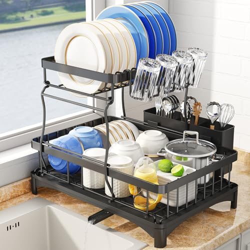 [PID000009] Dish Drying Rack, Large Capacity Kitchen Dish Rack Drainboard Set,Carbon Steel Dish Drainer Rack with Drip Tray & Utensil Holder